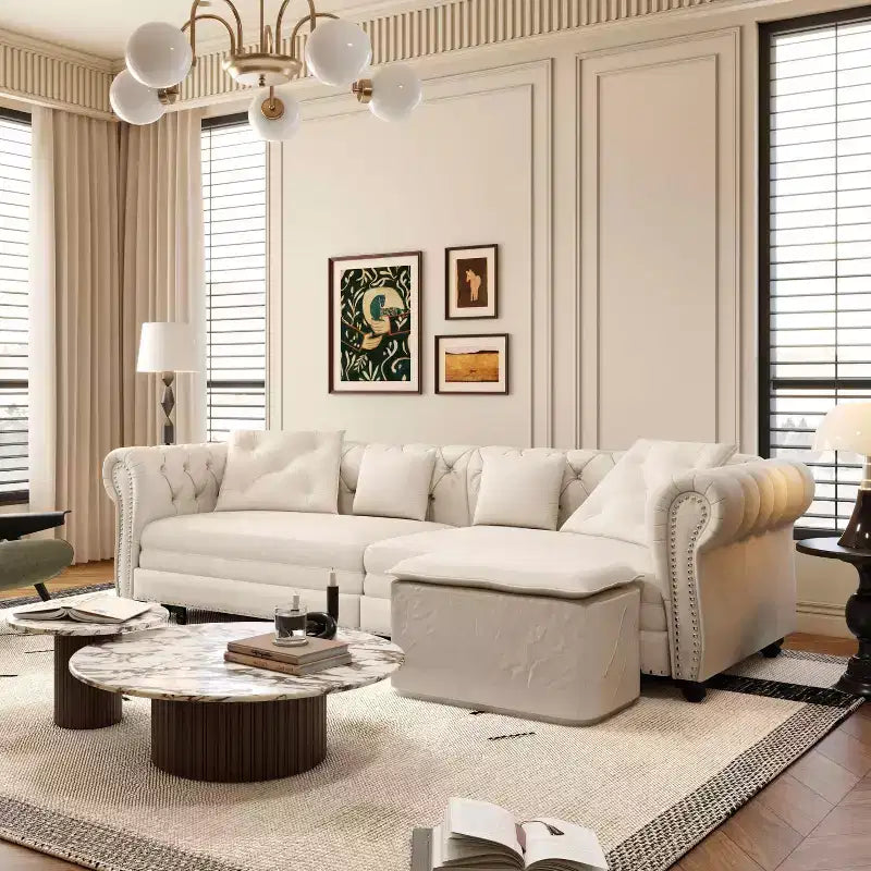 Divano a 3 posti in velluto 89 con pouf mobile, divano letto estraibile 3 in 1, divano letto king size bianco