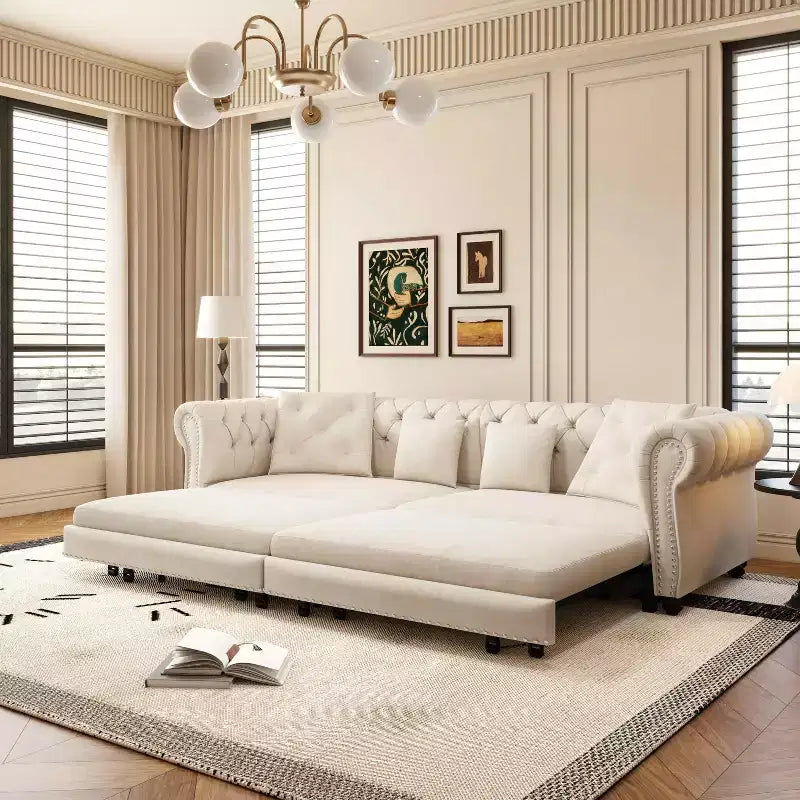 Divano a 3 posti in velluto 89 con pouf mobile, divano letto estraibile 3 in 1, divano letto king size bianco