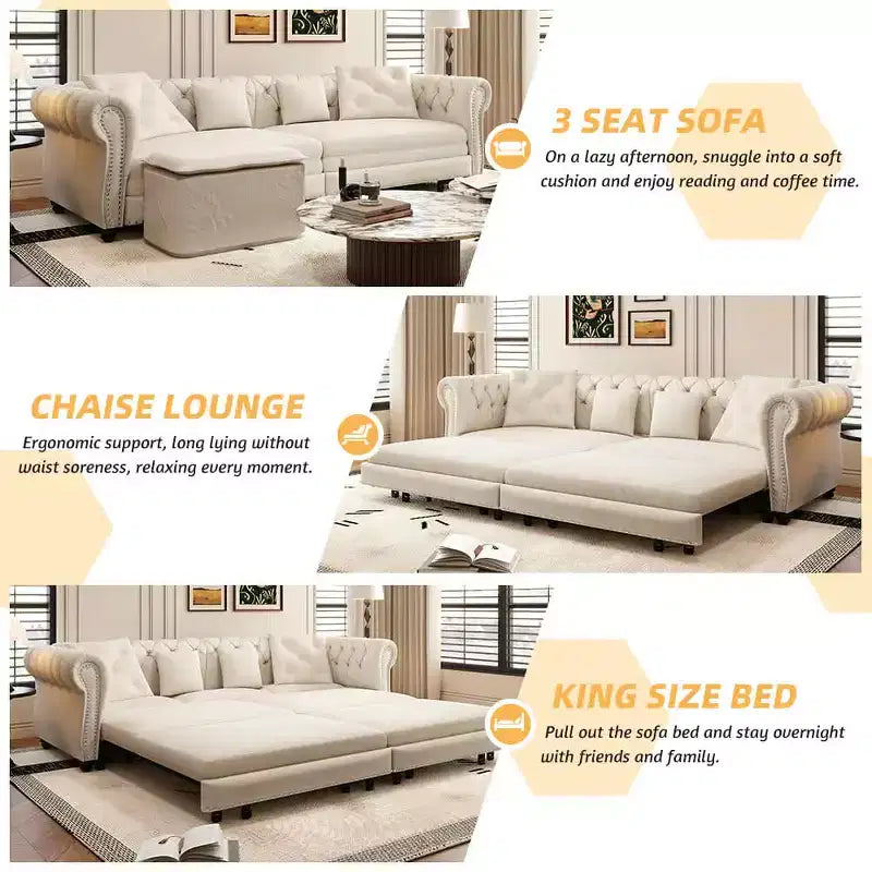 Divano a 3 posti in velluto 89 con pouf mobile, divano letto estraibile 3 in 1, divano letto king size bianco