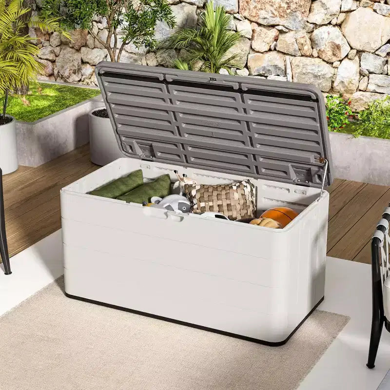 Baule da esterni Premium da 276 litri, in resina, con serratura, impermeabile, resistente ai raggi UV, per cuscini, attrezzi da giardino, accessori per piscina
