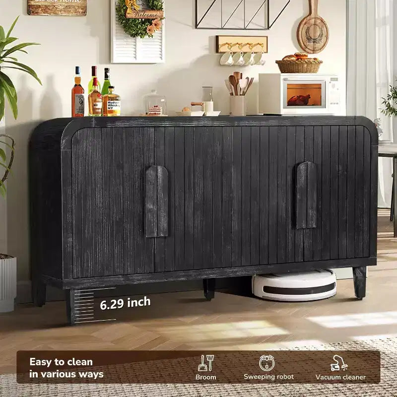 59 Credenza curvata da fattoria vintage con grandi maniglie in legno, intaglio verticale a venatura del legno e ripiani regolabili per la cucina