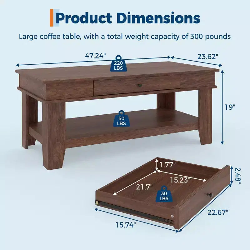 Tavolino da caffè rustico lungo con cassetto e ripiano portaoggetti, tavolino da centro in stile rustico da 120 cm per soggiorno, facile da pulire, fino a 136 kg