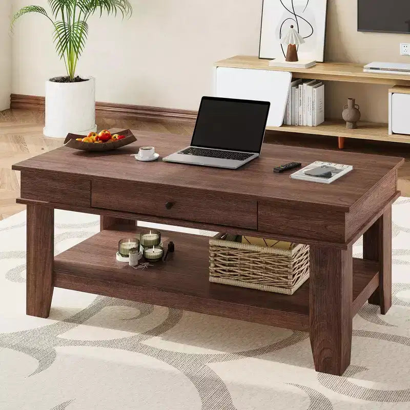 Tavolino da caffè rustico lungo con cassetto e ripiano portaoggetti, tavolino da centro in stile rustico da 120 cm per soggiorno, facile da pulire, fino a 136 kg