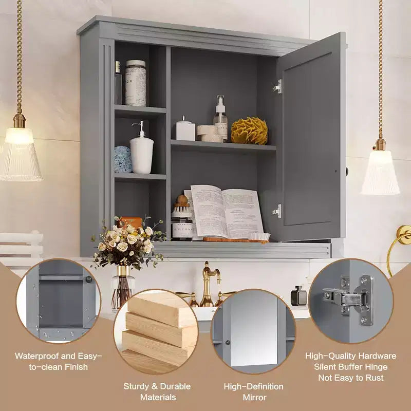 CASAINC 35 x 28 Specchiera da Bagno con 6 Ripiani a Giorno, Mobiletto Farmacia da Parete (No Mobile Lavabo)
