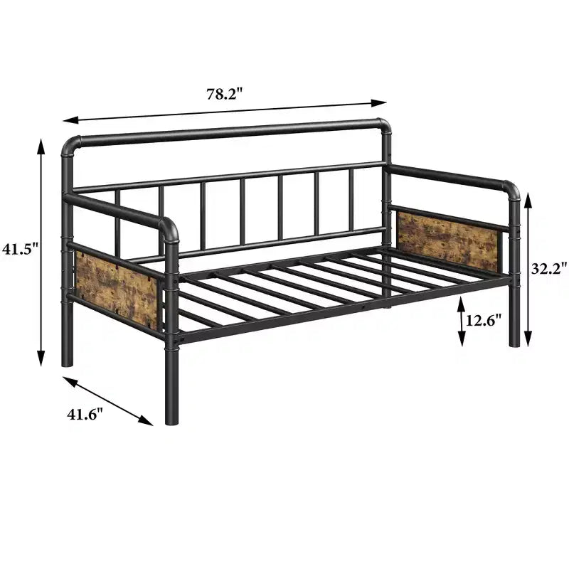 Divano Letto Singolo con Testiera Classica, Struttura Letto in Metallo Resistente, con Supporto a Doghe in Acciaio, Divano Letto, Silenzioso, Nessun Box Spring Necessario, Nero