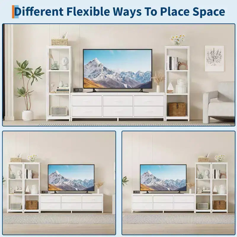 Mobile TV per TV da 75 pollici, mobile multimediale con luci LED e prese di corrente, 6 cassetti e mensole