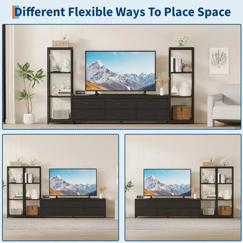 Mobile TV per TV da 75 pollici, mobile multimediale con luci LED e prese di corrente, 6 cassetti e mensole