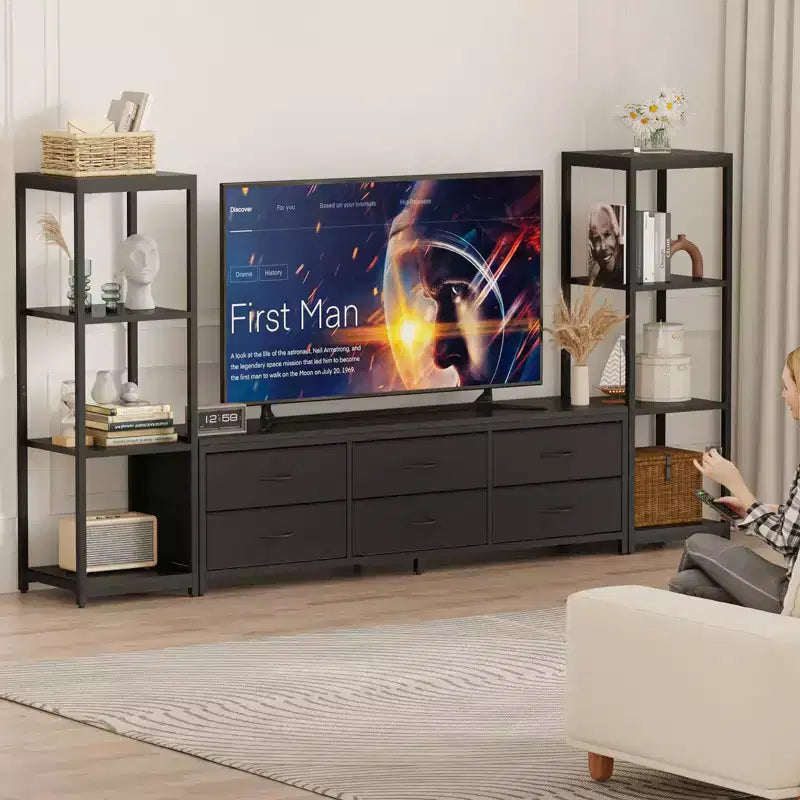 Mobile TV per TV da 75 pollici, mobile multimediale con luci LED e prese di corrente, 6 cassetti e mensole
