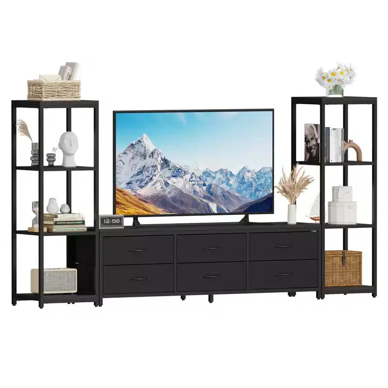 Mobile TV per TV da 75 pollici, mobile multimediale con luci LED e prese di corrente, 6 cassetti e mensole